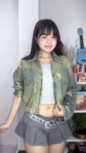 Áo Khoác Jean CropTop Nữ Có Dây Kéo Cá Tính Màu Ánh Vàng Phòng Cách Free Size