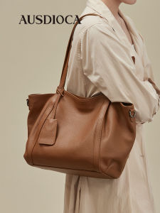 Large Capacity Top Layer Cowhide Leather Tote Bag Womens Commuter Bag Single Shoulder Slant Cross Bag Casual Simple Style