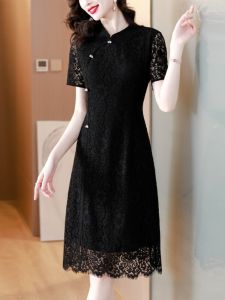 Chic Chinese Style Neck Lace Dress for Women Summer New Arrival High-End Renovated Qipao Slim Fit Mid-Skirt Chiffon Material