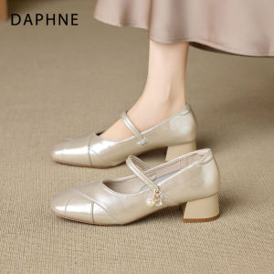 Daphne | Giày Gót Thô Mũi Vuông Dây Đeo Một bên Phong Cách Pháp Cổ Điển