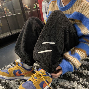 Extreme Cold Resistant Mens Cotton Fleece Lined Sports Pants Thickened Warm Bicolor Zipper High Waist Straight Leg Casual Trousers