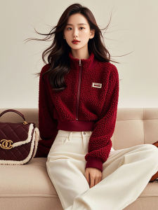 เสื้อสเวตเตอร์คอวีขนแกะสีแดงครึ่งซิปสำหรับผู้หญิง ฤดูใบไม้ร่วง/ฤดูหนาว สไตล์เกาหลี แฟชั่น เสื้อคลุมกันหนาวแบบสวมหัว
