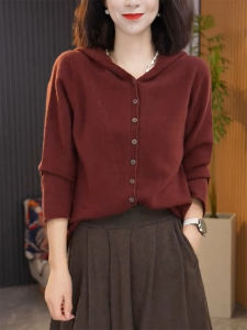 QINGNAER | Chic French Style Soft Loose Red Hooded Knit Sweater
