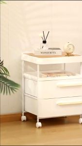Aesthetic Table with Gold Frame Side table bed With Wheels Table with Drawer and Shelf for Bedroom