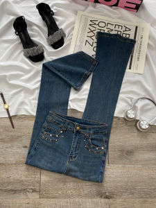 High Waist Slim Fit Bell Bottom Jeans Womens Spring Autumn Winter Fashion Diamond Studded Long Floor Length Cotton Stretch Denim