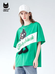 A02 Original Style Short Sleeve T-Shirt Womens Loose Fit Cat Print Top Trendy Versatile New Summer Cotton round Neck Tee