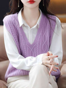 Womens Knitted Sweater V-Neck Wool Blend Vest Fashionable Autumn Style Casual Comfortable Fit Knitwear Inner Wear Tunic Top