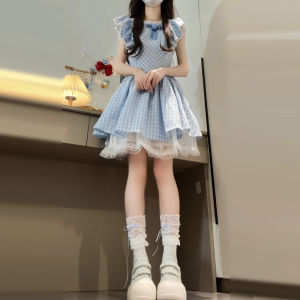 Y6Y | Váy ngắn xếp ly ren xanh kẻ caro phong cách Pháp tay ngắn mùa hè 2025 Váy công chúa cỡ nhỏ cho nữ Váy ngắn xếp ly ngọt ngào