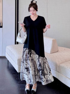 plus Size Summer Loose Fit Short Sleeve Dress Womens High Waist A-Line Long Dress Slimming Effect Pear Shape Print Gown