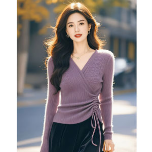 Áo Len Dệt Kim Dài Tay Màu Tím Thanh Lịch Cho Nữ Cổ Chữ V Thắt Eo Dây Rút Áo Len Cardigan Mềm Mại Đa Năng Mặc Đi Làm