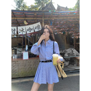 W. Shop เดรสเสื้อเชิ้ตลายทาง สไตล์เกาหลีchicชุดพลีทที่มีสไตล์