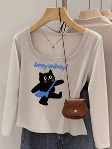 เสื้อยืดคอกลมแขนยาวผู้หญิง ทรงเข้ารูป ดีไซน์สั้น ลายแมว ปกเปิด คอวี แฟชั่นฤดูใบไม้ร่วง ผ้าฝ้ายผสม