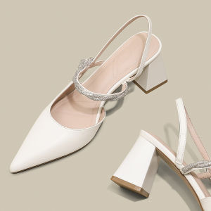 รองเท้าแตะส้นสูงหัวแหลมสำหรับผู้หญิง กันลื่น หนัง PU รองเท้าแตะส้นสูงแบบลำลอง สายรัดแบบมีโซ่ประดับเพชร ทรงหัวแหลม รองเท้าแตะแบบสวม