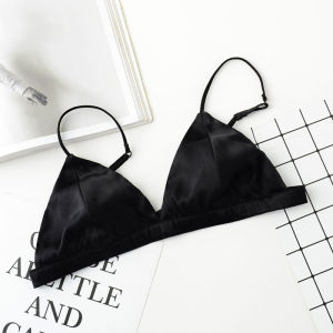 Silk Satin Triangle Cup Wireless French Style Bra Anti-Bulge Backless Underwear Strapless Double Shoulder Straps for Young Women