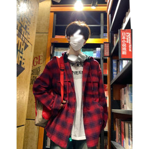 Red Flannel Hooded Shirt Mens Autumn Fancy Plaid Long Sleeve Shirt American Retro Hoodie Coat