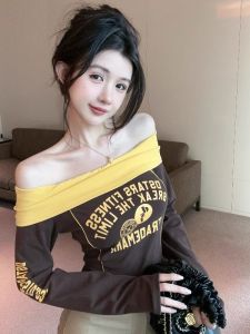 GUZILIAN | Shoulder Bared Long Sleeve T Shirt Womens Autumn Winter Fashionable Korean Style Slim Fit Knitted Base Layer Shirt For Girls