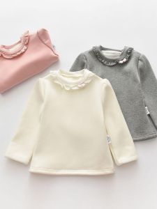 Autumn Winter Fleece Lined Long Sleeve Girls T-Shirt Baby Outfit Warm Cotton Top for 1-3 Years Old Kids Casual Style Butterfly Knot Design