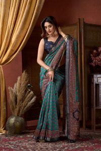 Preorder - 12 days Ajrak Printed Saree with Jacquard Border & Jhallar Sarees for women