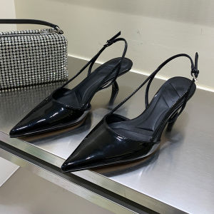 Elegant French Style High Heels Fashionable Patent Leather Thin Heel Sandals with Buckle Low Cut Pointed Toe Headed Slippers