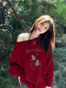SUSHOUWANGE | Fun Print Wine Red Fall Seasonal Design Sloping Neck Top