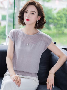 WANGGONGZHU | เสื้อยืดแขนสั้นผ้าไหมน้ำแข็งฤดูร้อน 2025 ดีไซน์ใหม่ เสื้อสเวตเตอร์ถักแบบเรียบง่าย ดีไซน์เก๋ไก๋ สำหรับคุณแม่