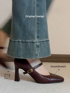 รองเท้าส้นสูงหนังแท้สำหรับผู้หญิง ทรง Mary Janes หัวแหลม ส้นกลาง ทรงหัวมน รองเท้าแฟชั่นฤดูใบไม้ผลิ 2025 รองเท้าส้นสูงแบบสวมสบาย