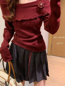 Christmas Red One-Shoulder Long Sleeve Knitted Sweater Womens Slim Fit Autumn Winter Base Shirt Top Korean Style Commute Fashion