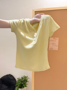 MISHANGYICHU | Milk Yellow Shoulder-aligned Round Neck Short Sleeve Summer Korean Style Fitted T-Shirt