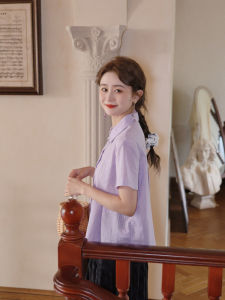 Hua Ji B752 Womens Short Sleeve Pure Cotton Embroidered Pleated Shirt Sweet College Style Summer Blouse Purple Grid Pattern