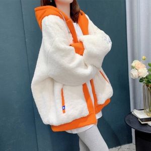 Ladies plus Size Lazy Style Hoodie Thickened Millet Fleece Coat Long Sleeve Commute Fashion Outerwear Trendy Autumn Winter New Arrival