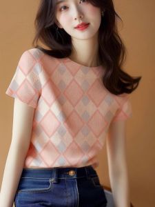 Outlet พิเศษผ้าไหมน้ําแข็งถักแขนสั้นเสื้อยืดออกแบบแบรนด์ไหล่ผู้หญิงฤดูร้อน Slim Fit Pullover Top
