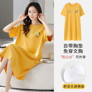 เดรสใส่นอนพร้อมฟองน้ำเสริมทรวงอกเดรสสวยหวานแบบยาวปานกลางแขนสั้นคอตตอนแท้ฤดูร้อนสำหรับผู้หญิงเดรสใส่นอนไซส์ใหญ่ใส่ออกไปข้างนอกได้สำหรับฤดูร้อน