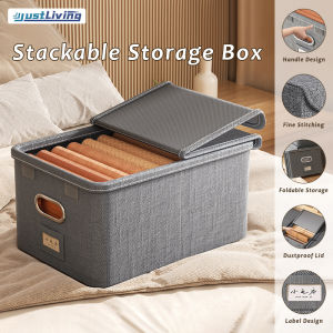 JustLiving 1ชิ้นกล่องเก็บของความจุขนาดใหญ่กล่องผ้าไม่ทอพับได้ตะกร้าตัวจัดระเบียบถังขยะพร้อมที่จับตู้เสื้อผ้ากล่องที่เก็บเสื้อผ้ากล่องพร้อมฝาปิดผ้าทนทานของเล่น