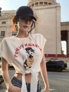 Áo Thun Tay Ngắn Cổ Tròn in Họa Tiết Phong Cách Retro Mỹ Dành Cho Nữ Mùa Hè Thiết Kế Không Đều Gợi Cảm Ngắn Thon Gọn