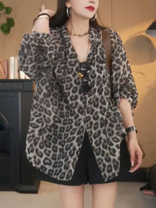 QINGNAER | Plus Size Leisure Style Leopard Color Block Shirt