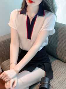 White Loose Short Sleeve Chiffon Shirt Womens Summer Thin Design Sense Small Crowd Elegant Match Small Shirt Top