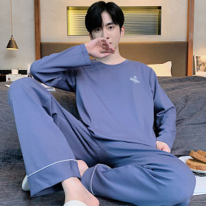 Mens Casual Loose Long Sleeve Sleepwear Pants Set Youth Home Clothes Comfortable Knitted Cotton Fabric Printed round Neck