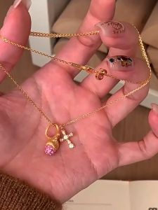 Korean One-Chain Multi-Purpose Matching Brushed Pine Cone Cross Zircon Inlaid Pendant Necklace (With Box)