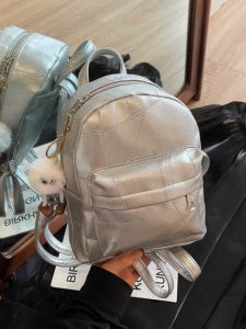 Elegant Silver Womens Backpack Mini Travel Student Bag Fashionable Versatile Commuter Soft Surface Zipper Closure PU Material