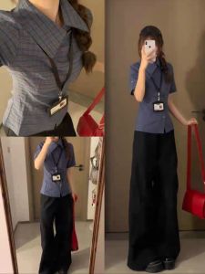 Retro American ลายสก็อต แขนสั้น ปกโปโล เสื้อสูง เอว เอว -cinching ผู้หญิง ฤดูร้อน ลำลอง ขากว้าง กางเกง ชุด