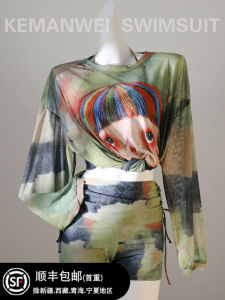 Cartoon Girl Thermal Spring Three-Piece Swimsuit Womens Bikini Cover-Up Slimming Loose Top Nylon Spandex round Neckline