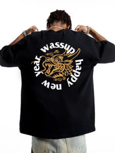 Wassup Heods Dragon Year Trendy Short Sleeve T-Shirt Mens Summer Loose Oversize Pure Cotton Couples Top Art Theme Print Casual Wear