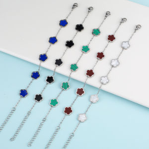 Silver Color New Design Plant Five Leaf Flower Bracelet Single sided Plum Blossom Stainless Steel Jewelry Womens Clover