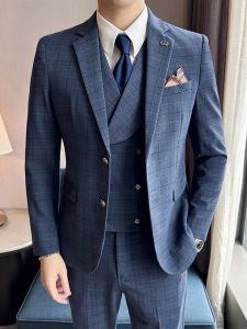 ROMON | Lormen Mens Plaid Suit Set Casual Wedding Business Formal Youth Fashion City Standard Fit Polyester Viscose Spandex Blend