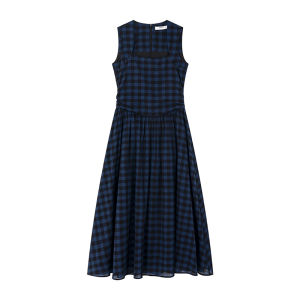 French Square Neck Grid Pattern Slim Fitting Dress