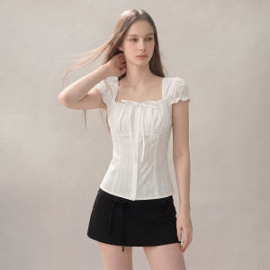 KBVVR | White Square Collar Puff Sleeve Slim Fit Short Shirt