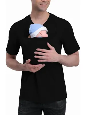 Parent-Child Interaction Kangaroo Shirt for Men Short-Sleeved with Baby Carrier Pocket Dad Style Casual T-Shirt