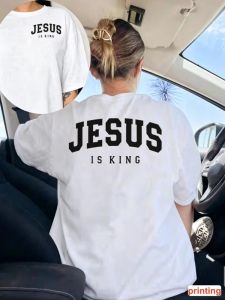 Sanrio | Jesus Is King Print T-shirt Crew Neck Short Sleeve Minimal Faith Graphic Tee Ideal for Summer Casual Daily Street Outfit