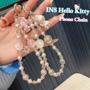 Sanrio | Kawaii INS HelloKitty Elegant Glitter Pearl Phone Wrist Strap Bling Bead Keychain Bag Decor Lovely Star Rhinestone Phone Lanyard