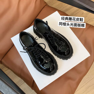 British Style Womens round Toe Patent Leather Shoes Thick Bottom Lace-Up Casual Fashion Single Shoes Leather Spring Autumn